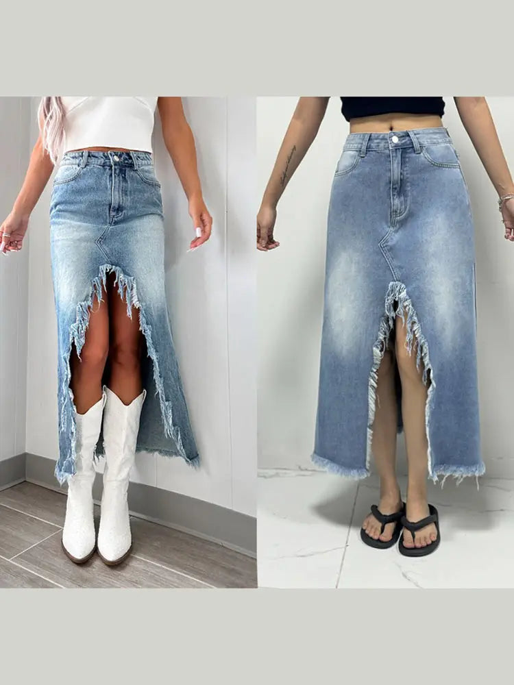 Velourah High Waist Irregular Raw-Edged Split Denim Skirt