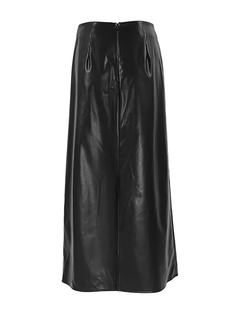 Faux Leather High Waist A-Line Midi Skirt