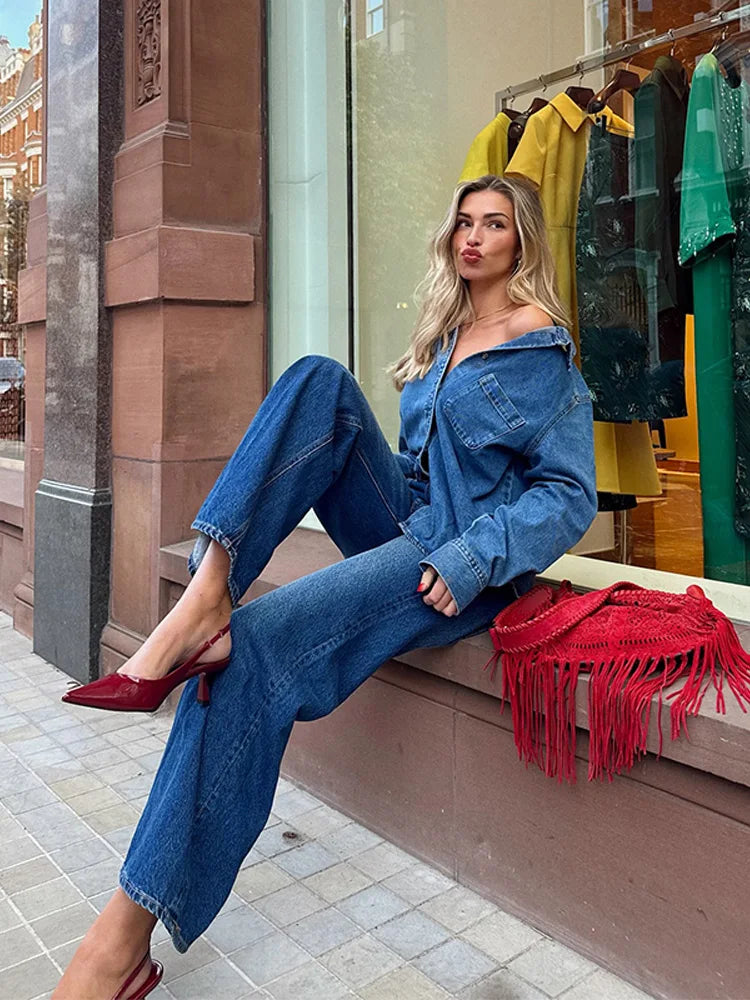 Velourah Vintage Denim 2-Piece Set – Lapel Jacket & Straight Baggy Jeans