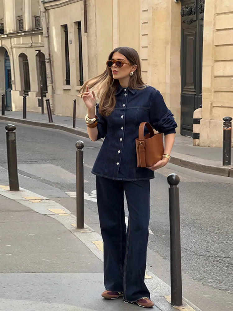 Velourah Denim 2-Piece Set – Lapel Shirt & Wide-Leg Jeans