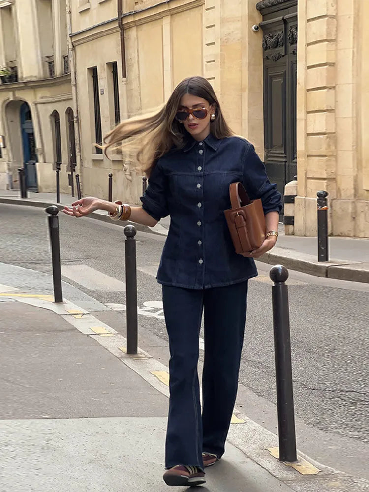Velourah Denim 2-Piece Set – Lapel Shirt & Wide-Leg Jeans