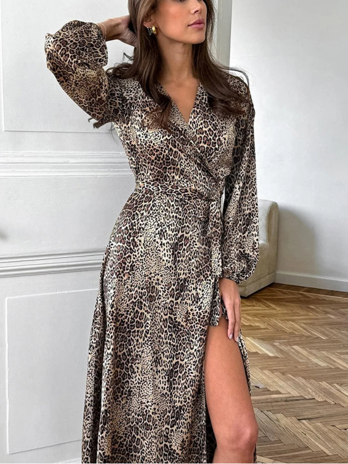 Velourah Elegant Leopard Print Midi Dress