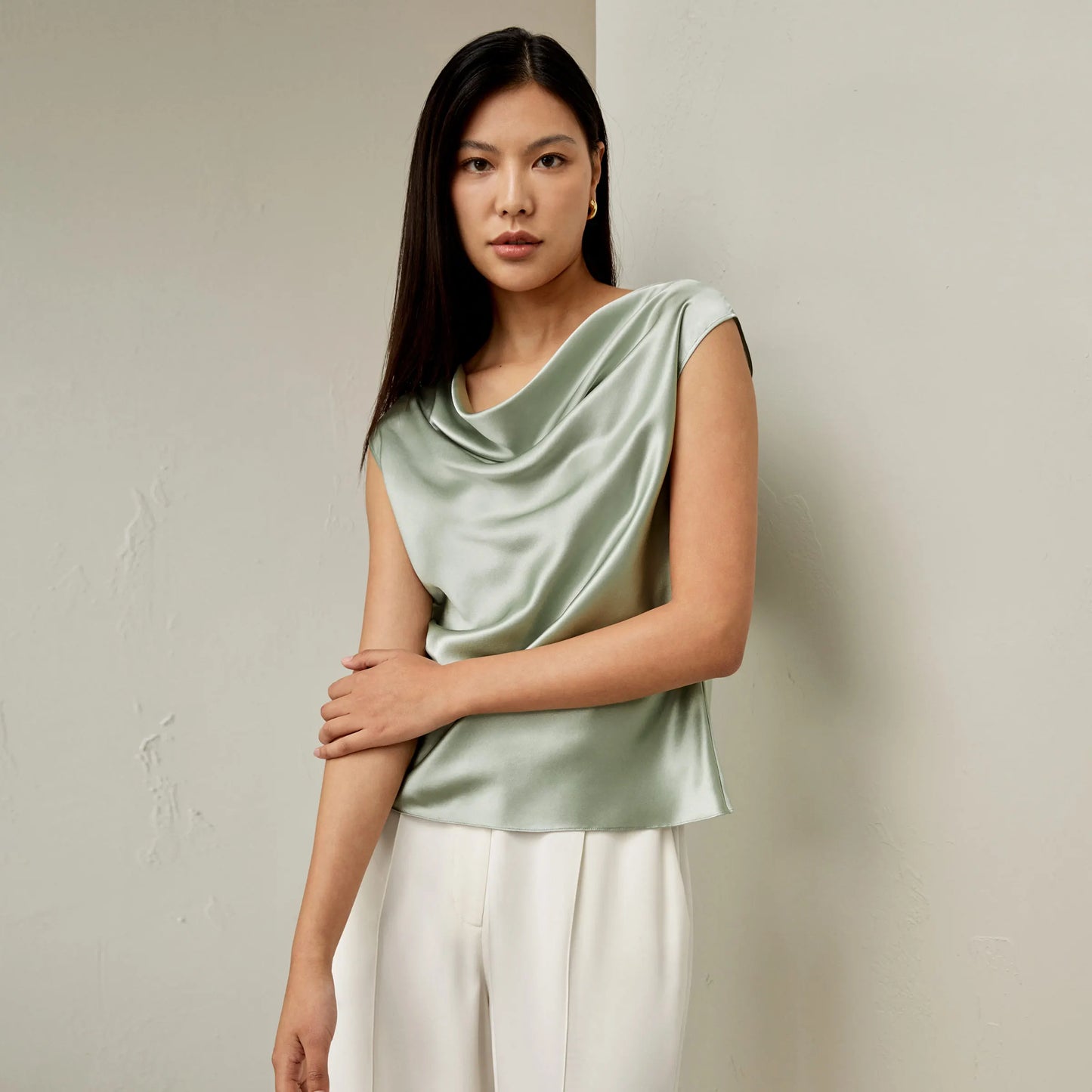 Velourah Silk Charmeuse Cowl Neck Top