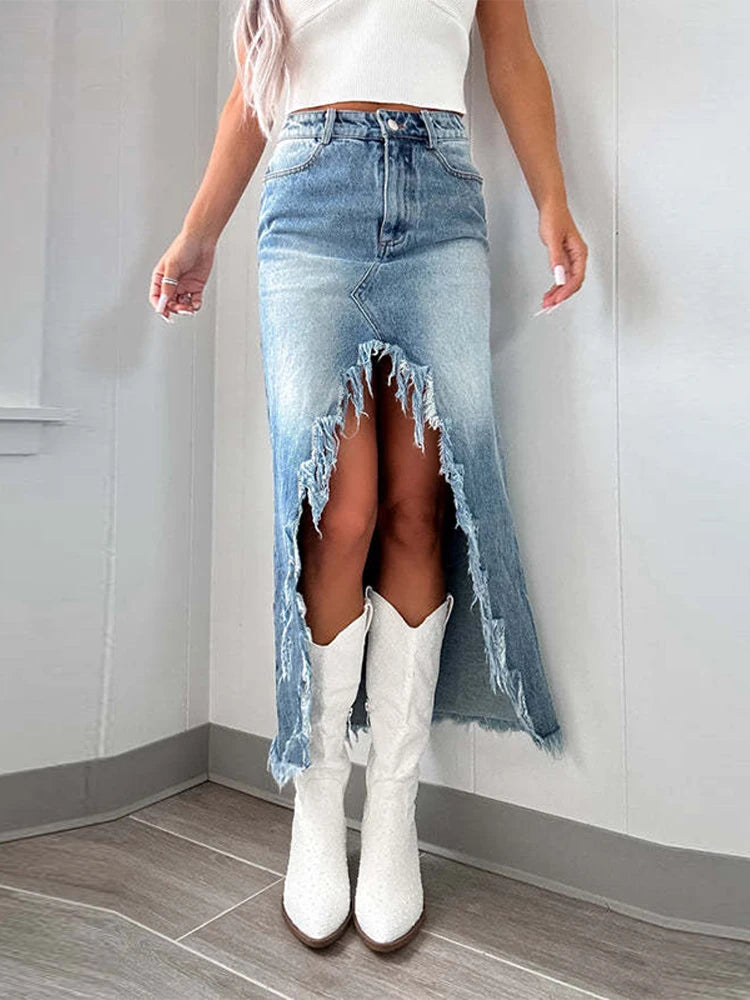 Velourah High Waist Irregular Raw-Edged Split Denim Skirt