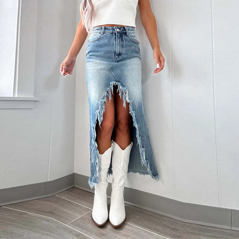 Velourah High Waist Irregular Raw-Edged Split Denim Skirt