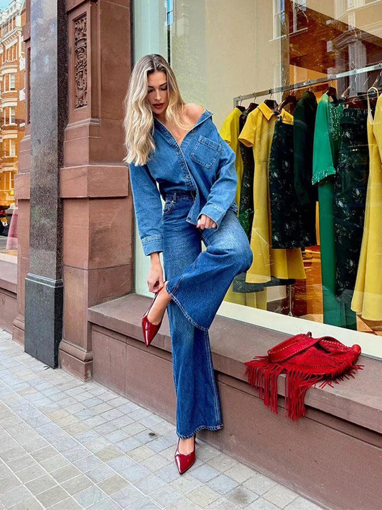Velourah Vintage Denim 2-Piece Set – Lapel Jacket & Straight Baggy Jeans
