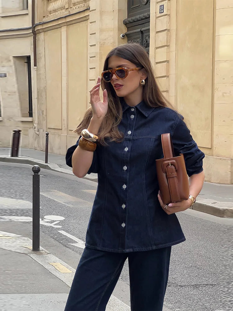 Velourah Denim 2-Piece Set – Lapel Shirt & Wide-Leg Jeans