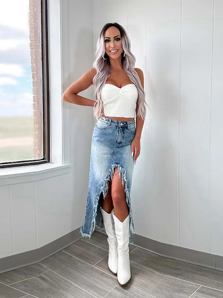 Velourah High Waist Irregular Raw-Edged Split Denim Skirt
