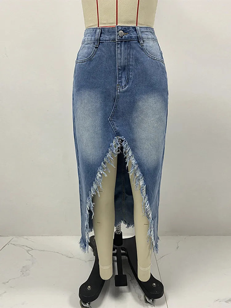 Velourah High Waist Irregular Raw-Edged Split Denim Skirt