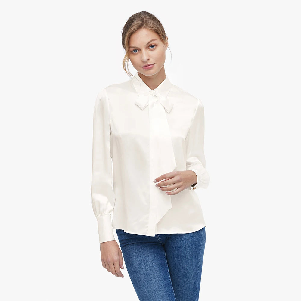 Velourah Silk Charmeuse Bow-Tie Blouse