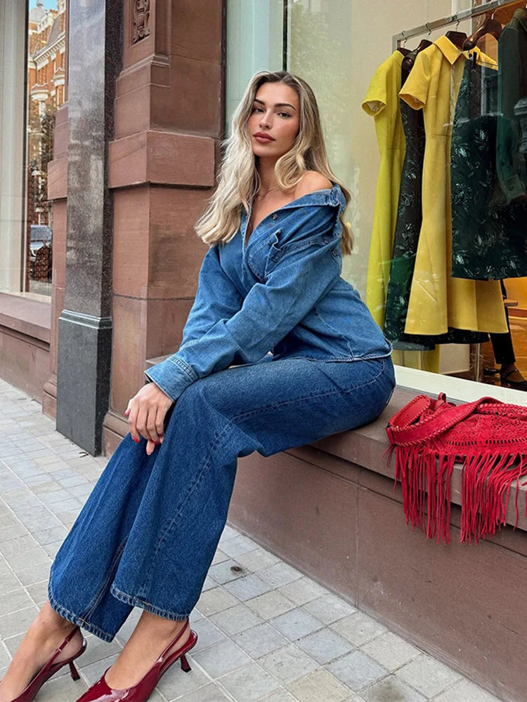 Velourah Vintage Denim 2-Piece Set – Lapel Jacket & Straight Baggy Jeans