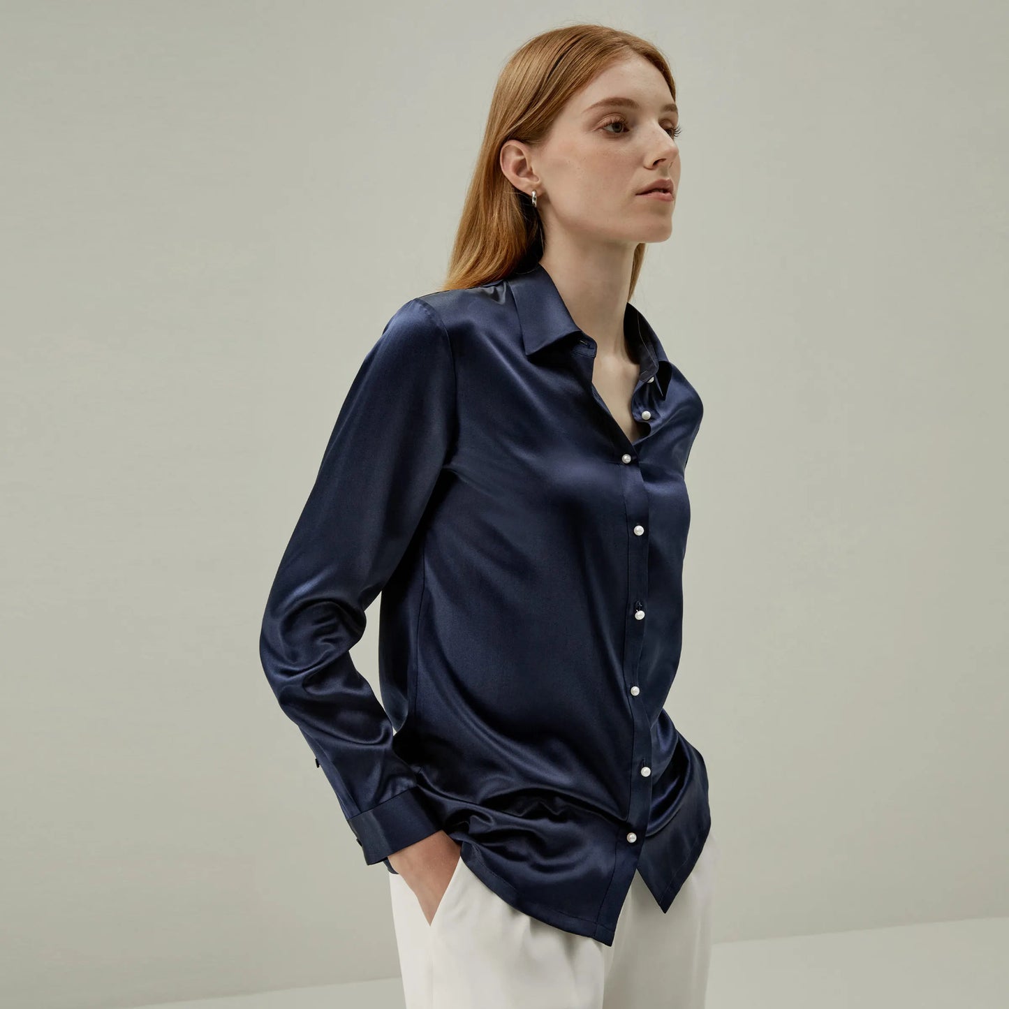 Velourah Silk Charmeuse Pearl Button Shirt