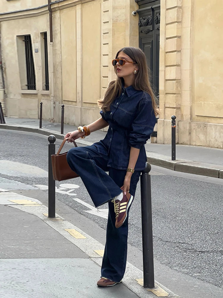 Velourah Denim 2-Piece Set – Lapel Shirt & Wide-Leg Jeans