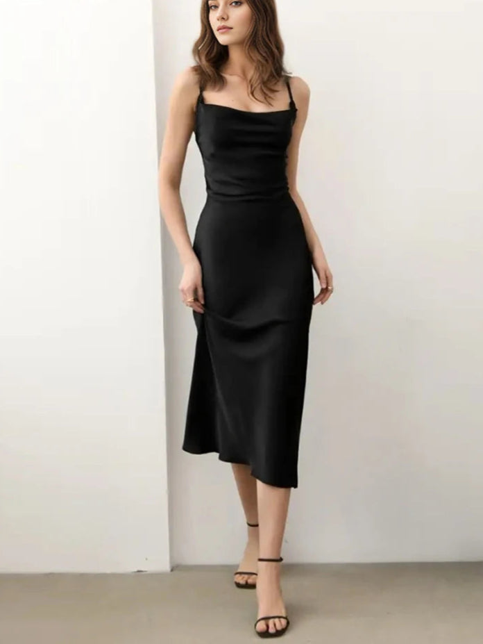 Velourah Elegant Black Satin Backless Midi Dress