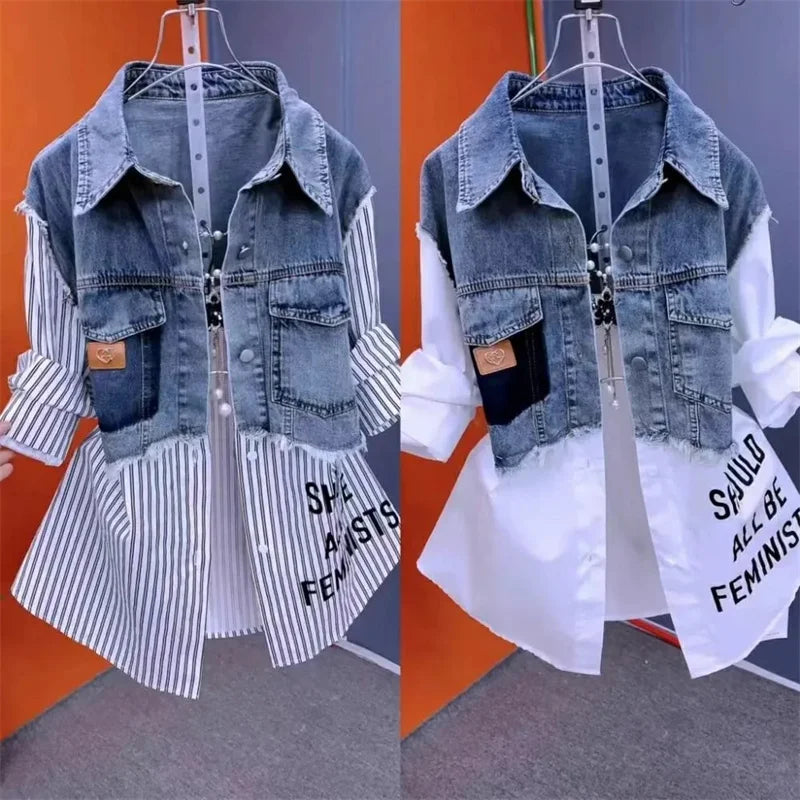 Velourah Striped Patchwork Two-Piece Denim Jacket