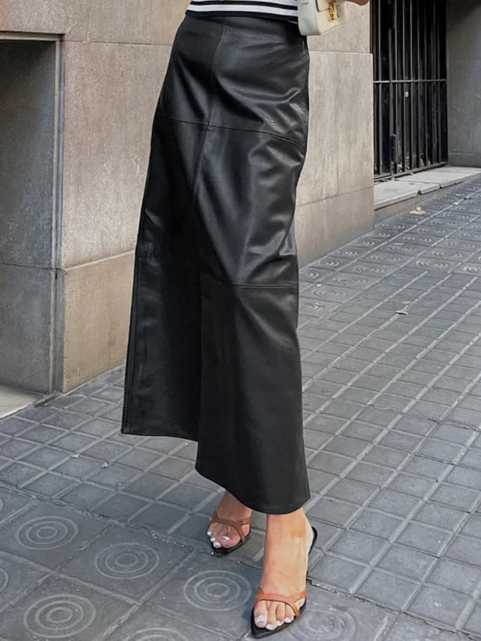 Faux Leather High Waist A-Line Midi Skirt