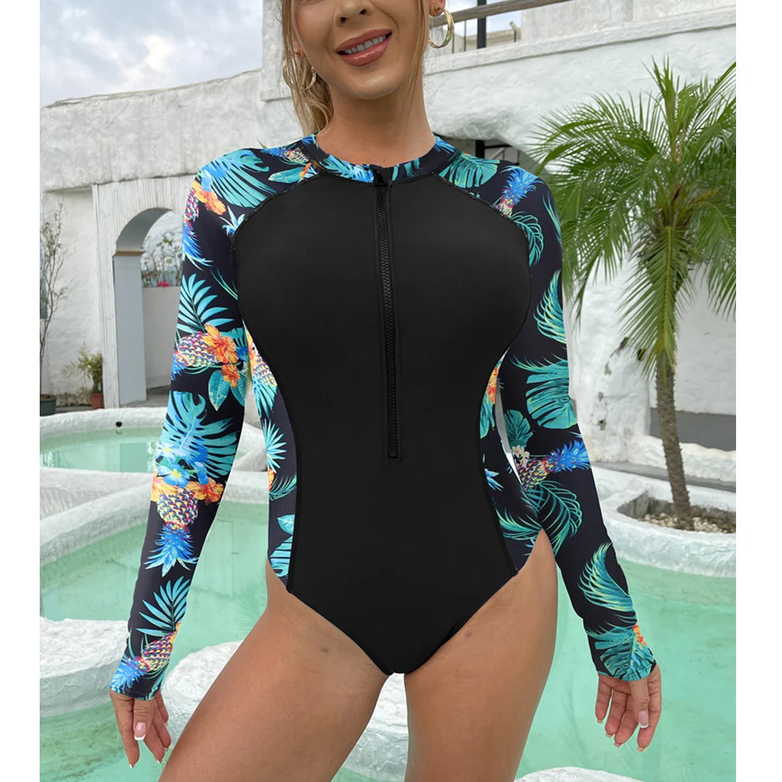 Velourah Noir Tide Long Sleeve Zip Swimsuit
