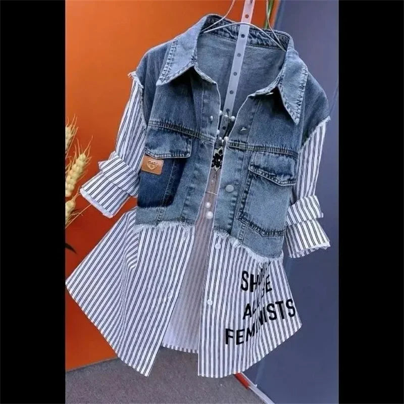 Velourah Striped Patchwork Two-Piece Denim Jacket