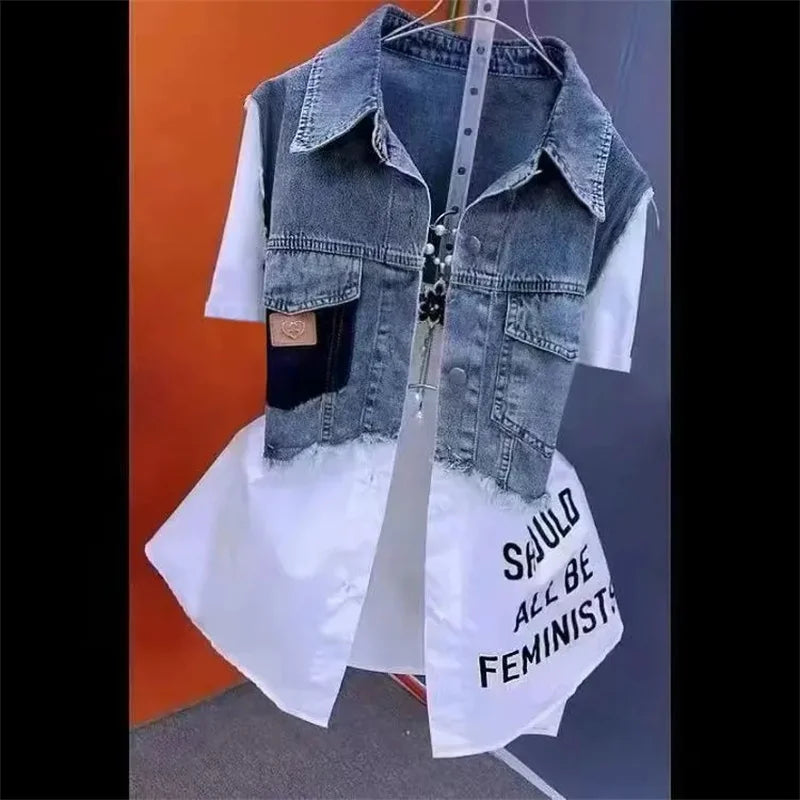 Velourah Striped Patchwork Two-Piece Denim Jacket
