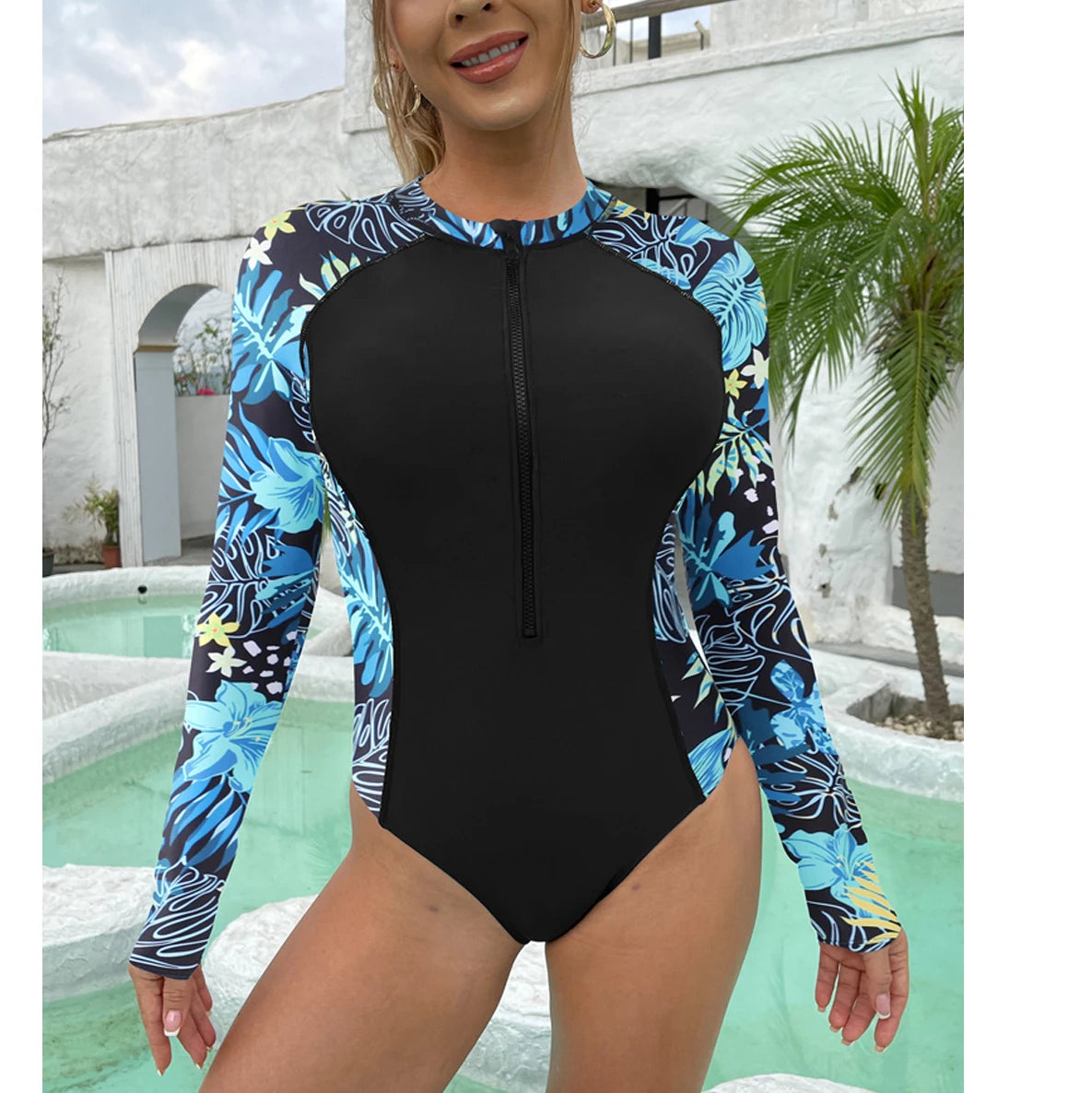 Velourah Noir Tide Long Sleeve Zip Swimsuit