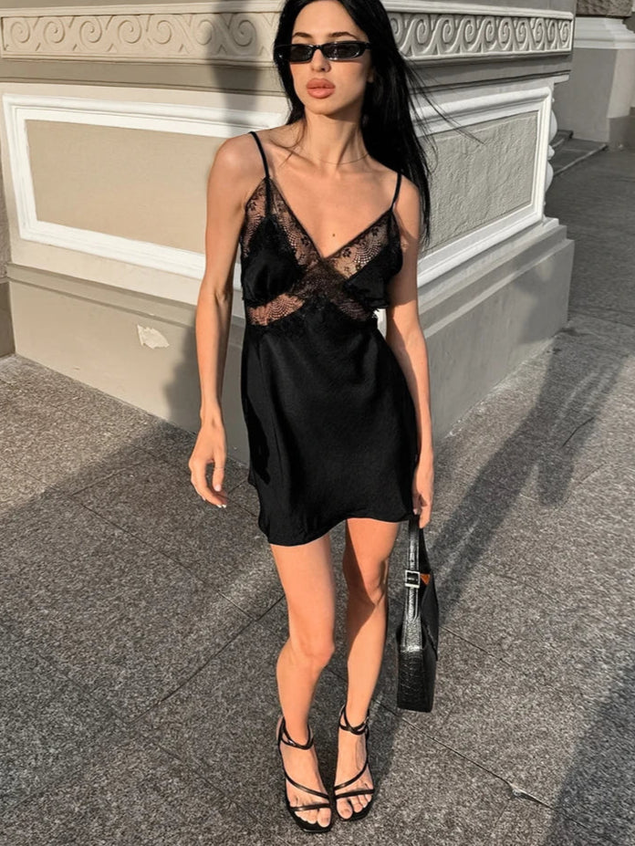 Velourah Satin & Lace Spaghetti Strap Mini Dress