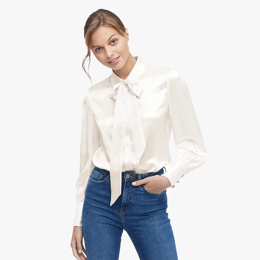 Velourah Silk Charmeuse Bow-Tie Blouse