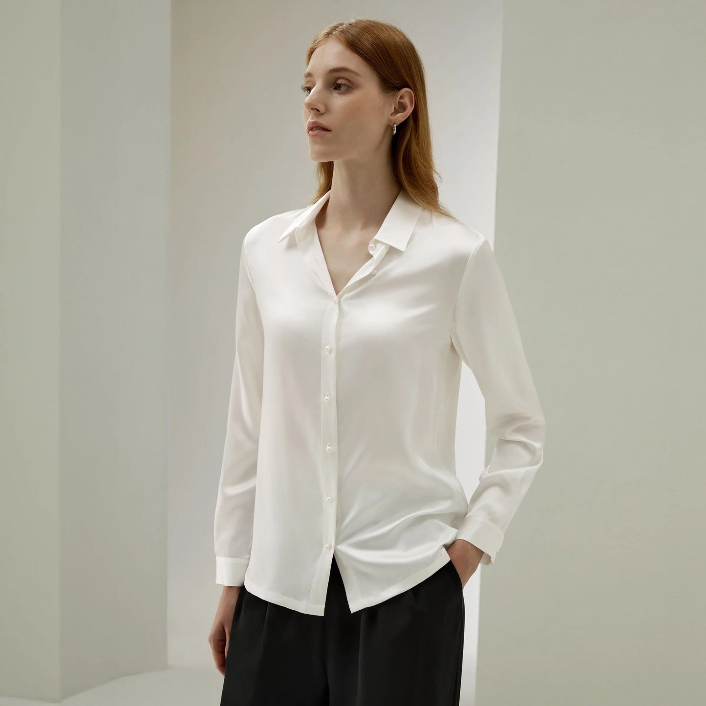 Velourah Silk Charmeuse Pearl Button Shirt