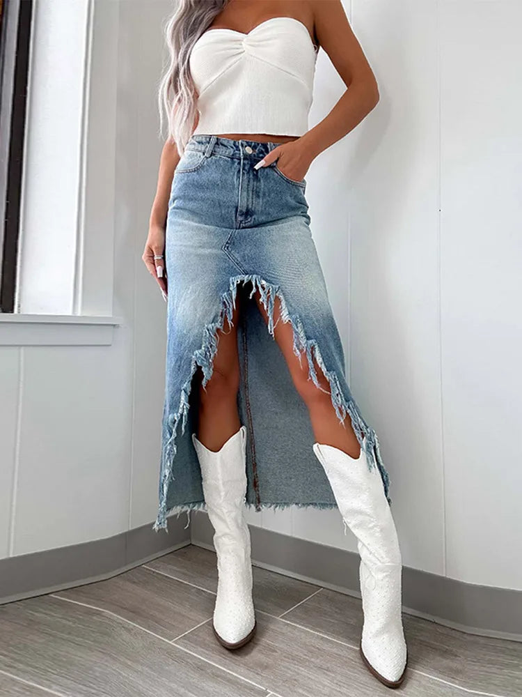 Velourah High Waist Irregular Raw-Edged Split Denim Skirt