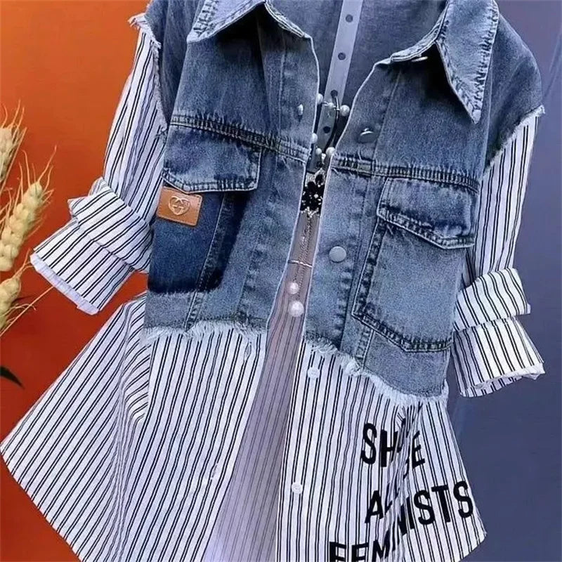 Velourah Striped Patchwork Two-Piece Denim Jacket
