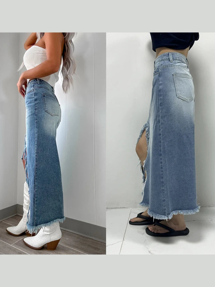 Velourah High Waist Irregular Raw-Edged Split Denim Skirt