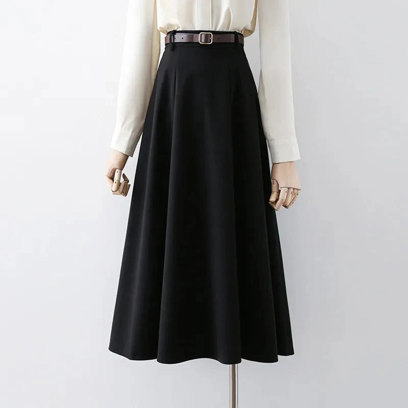 Vintage Belted Woolen Midi Skirt