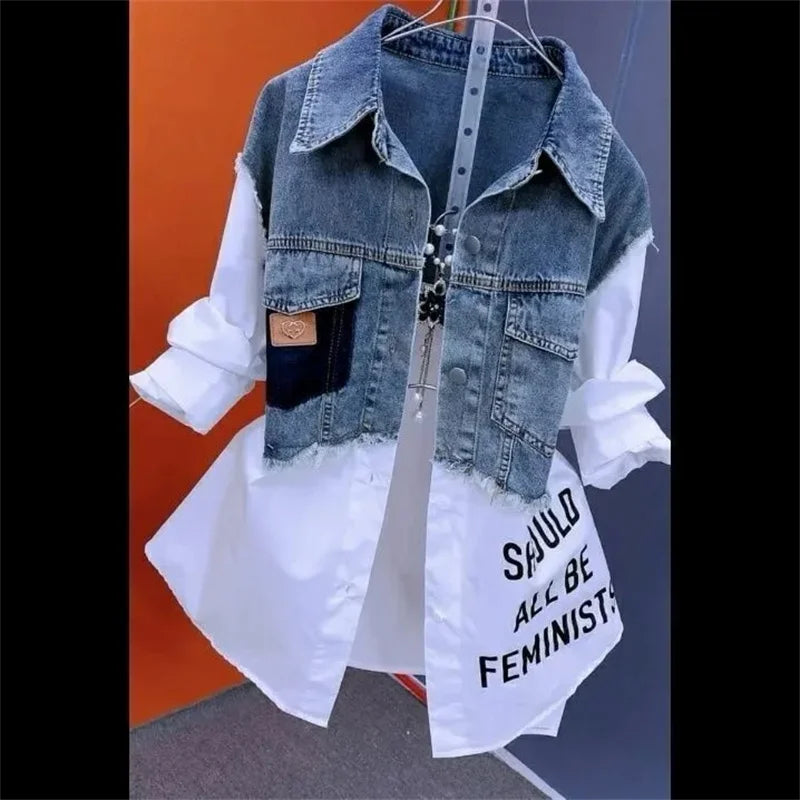 Velourah Striped Patchwork Two-Piece Denim Jacket