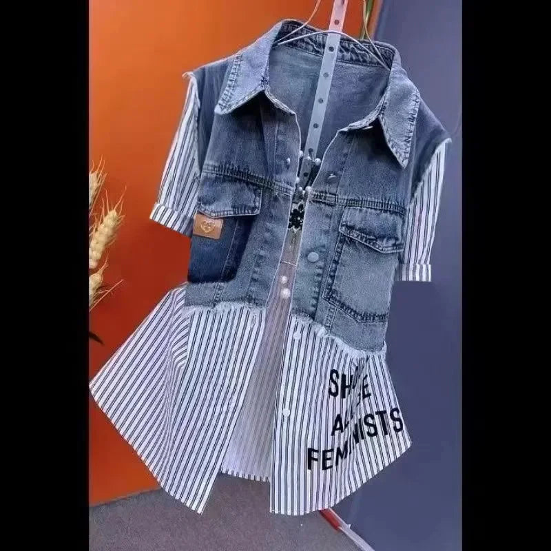 Velourah Striped Patchwork Two-Piece Denim Jacket