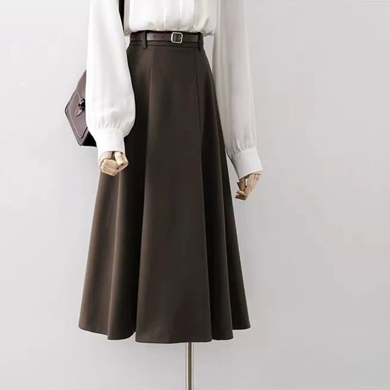 Vintage Belted Woolen Midi Skirt