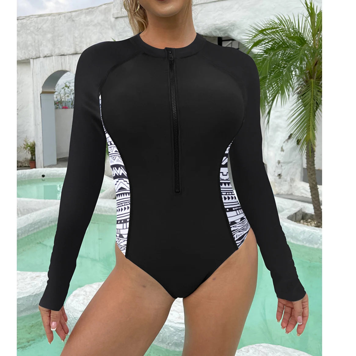 Velourah Noir Tide Long Sleeve Zip Swimsuit