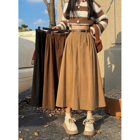 Velourah Vintage Belted Corduroy Midi Skirt