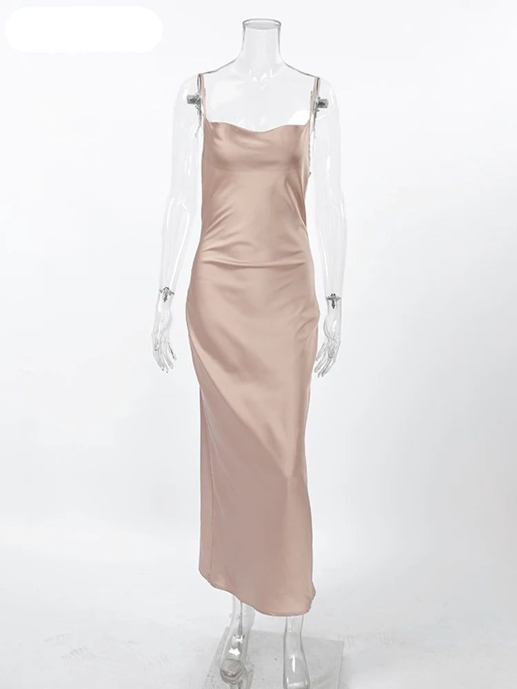 Velourah Elegant Black Satin Backless Midi Dress