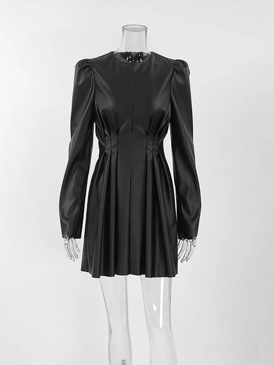 Velourah Elegant Black Pleated PU Mini Dress