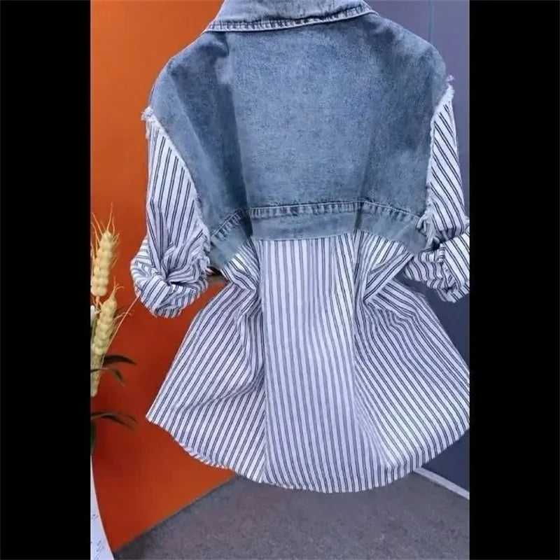 Velourah Striped Patchwork Two-Piece Denim Jacket