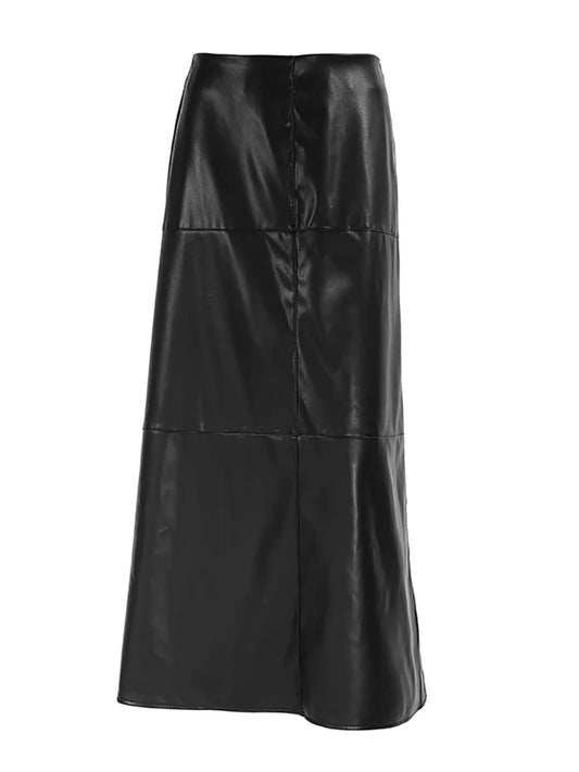 Faux Leather High Waist A-Line Midi Skirt