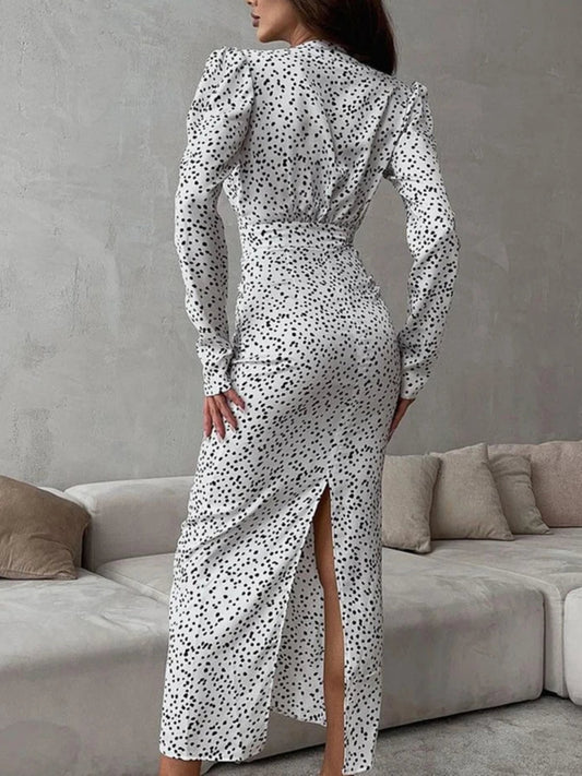 Velourah Elegant Polka Dot V-Neck Midi Dress