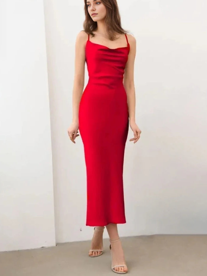 Velourah Elegant Black Satin Backless Midi Dress