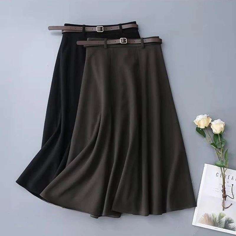 Vintage Belted Woolen Midi Skirt