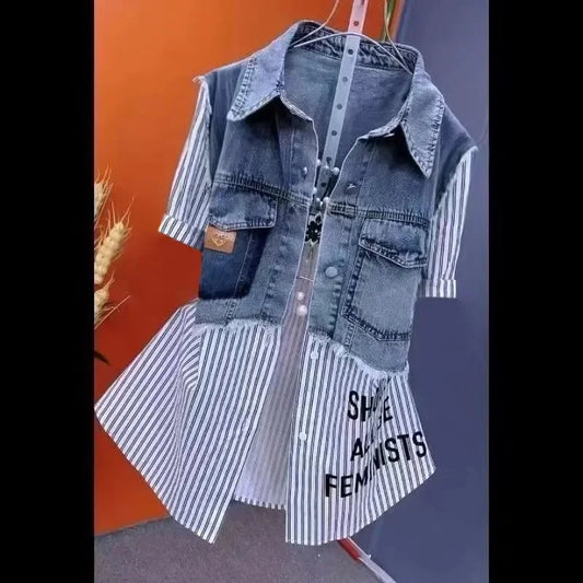 Velourah Striped Patchwork Two-Piece Denim Jacket
